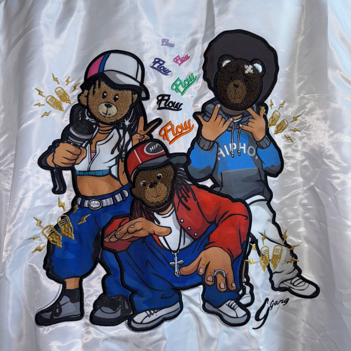 White bomber jacket, embroidered hip-hop characters men’s XL NWT