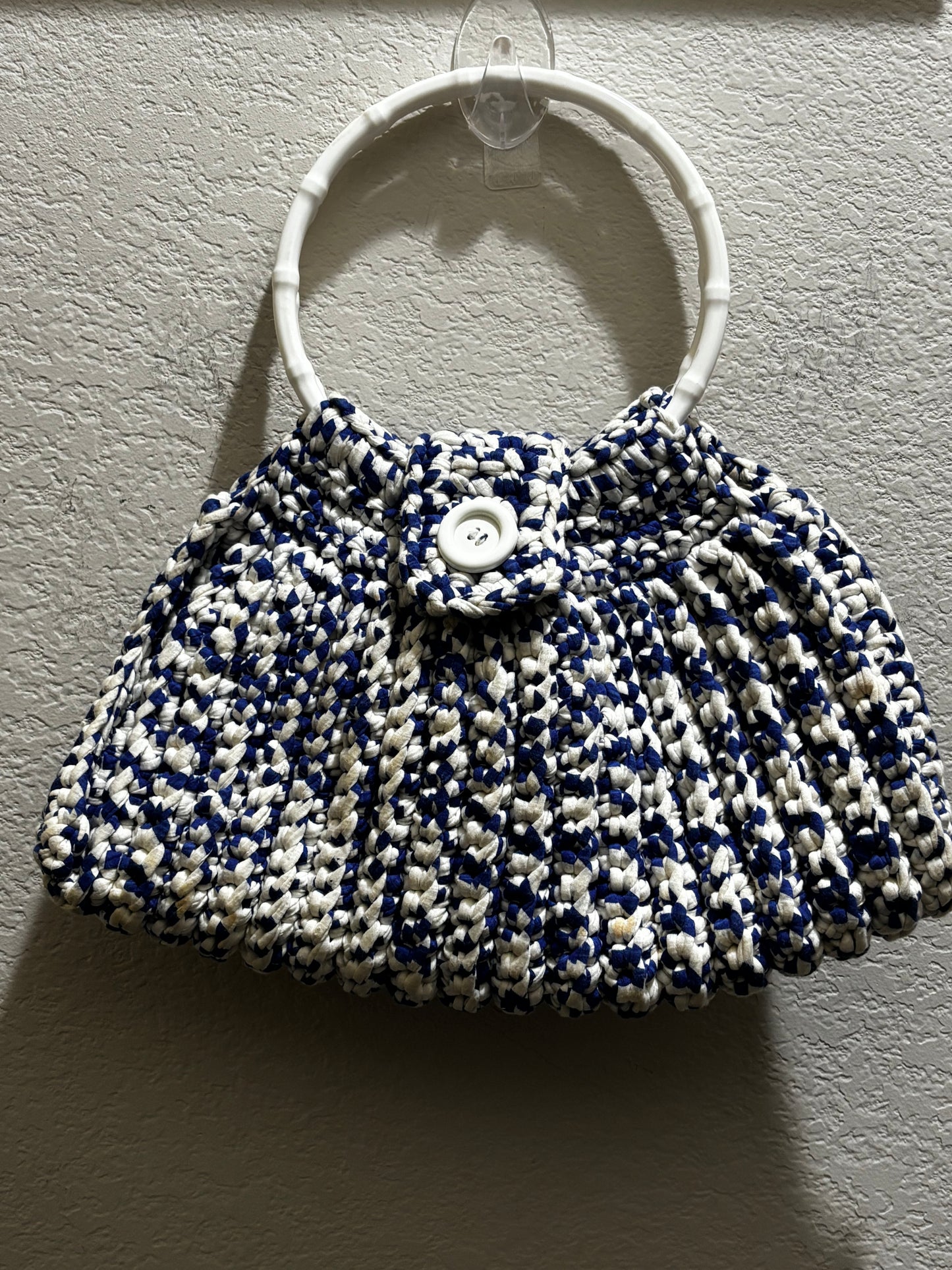 Handmade, crochet, blue and white handbag with matching wallet