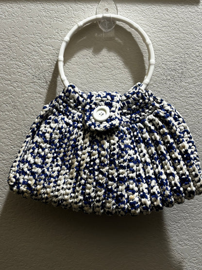 Handmade, crochet, blue and white handbag with matching wallet