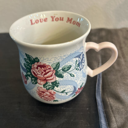 White “Love You Mom” Mug w/ Flower Design and Heart Shaped Handle