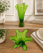 Hand Blown Art Glass Vase Bright Lime Green Flutted with Ruffle Rim