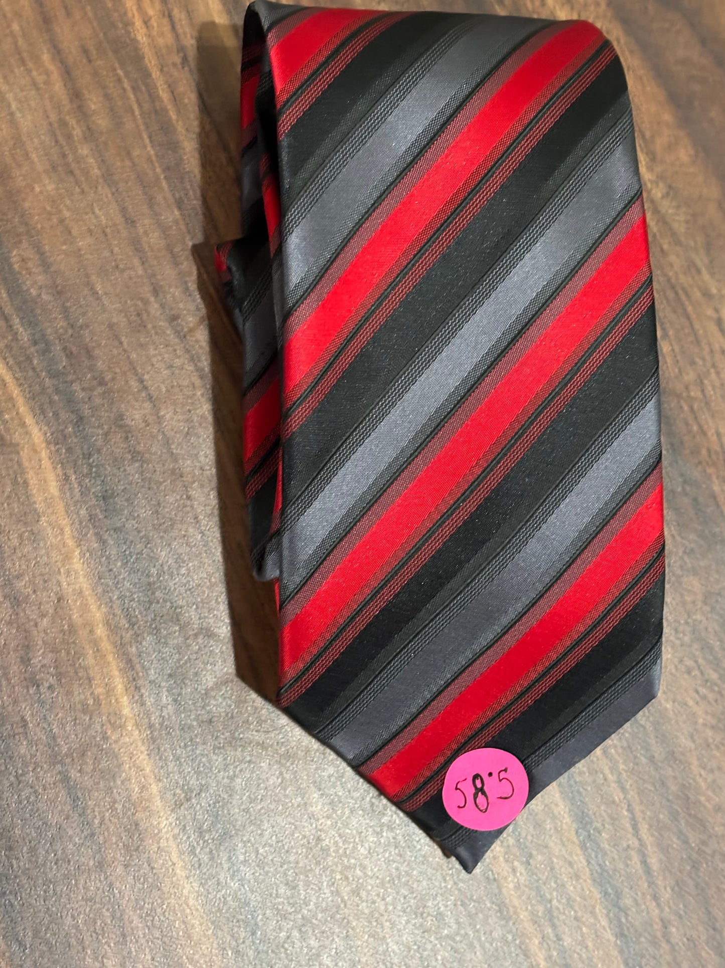 Red Gray Black Striped Tie 100% Polyester 58.5”