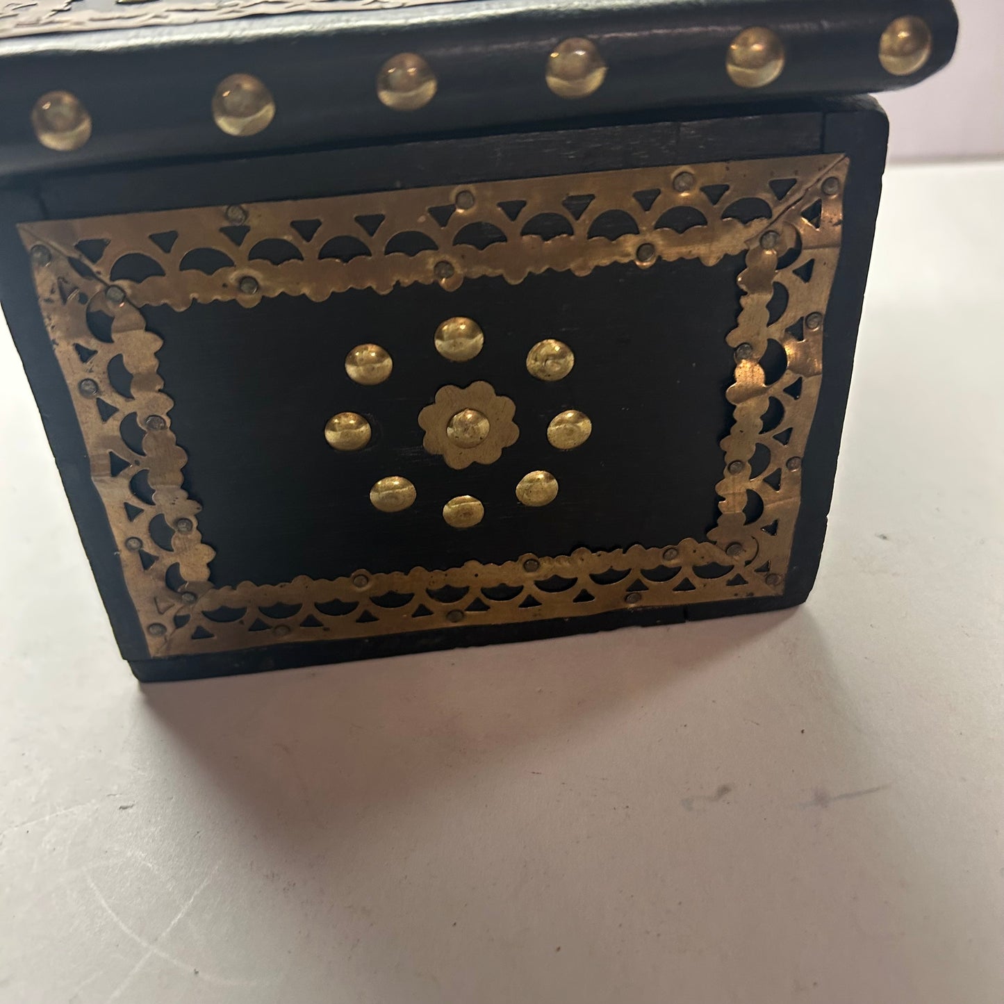 Wood Black & Gold beaded Decorative Trinket Storage Box 4x7”