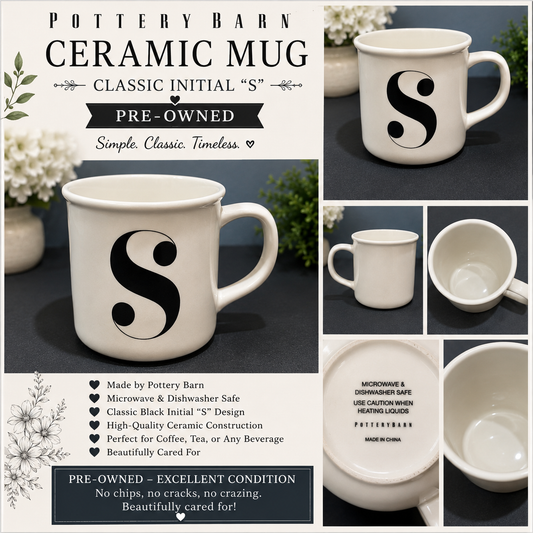 Pottery Barn, white ceramic mug with letter “S”