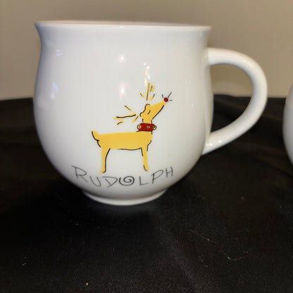 Pottery Barn large White ceramic mugs, set of two “Rudolph” Raindeer