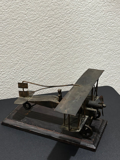Metal Retro Propeller Plane Replica on Wood Base