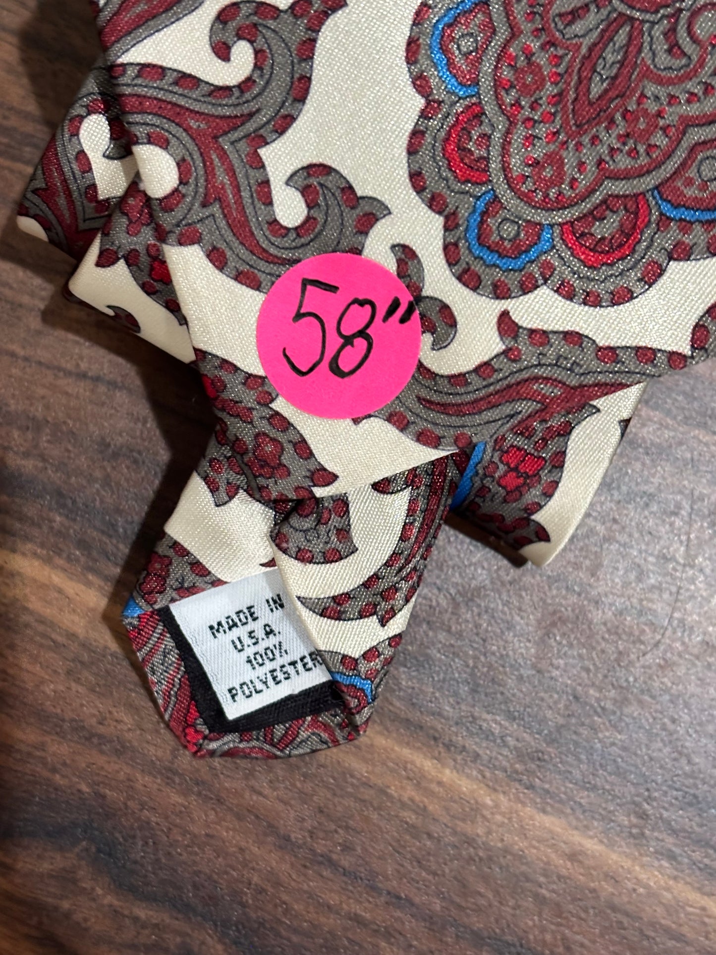 Cream, Blue, Red, Paisley Design Tie 100% Polyester 58”