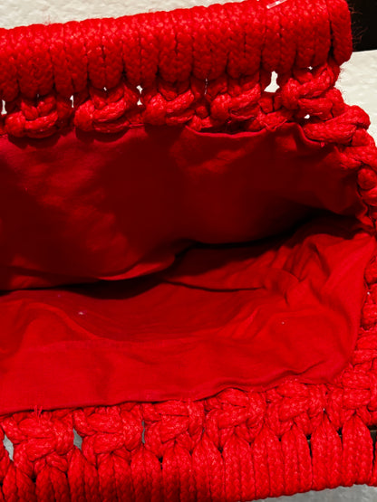 Handmade crochet red handbag with wood handles