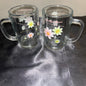 Mugs Clear Glass with Beautiful Floral Design set of 2 8oz