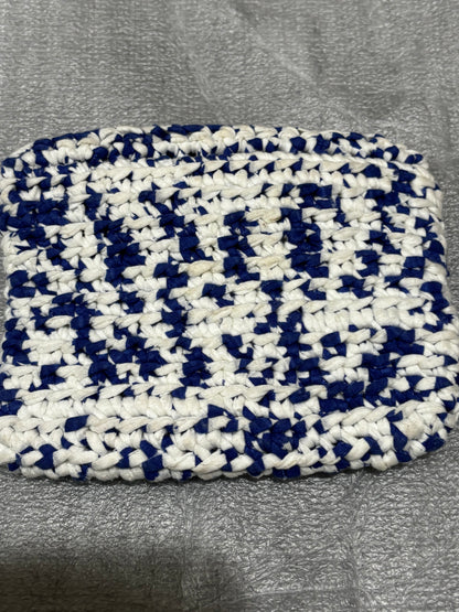 Handmade, crochet, blue and white handbag with matching wallet
