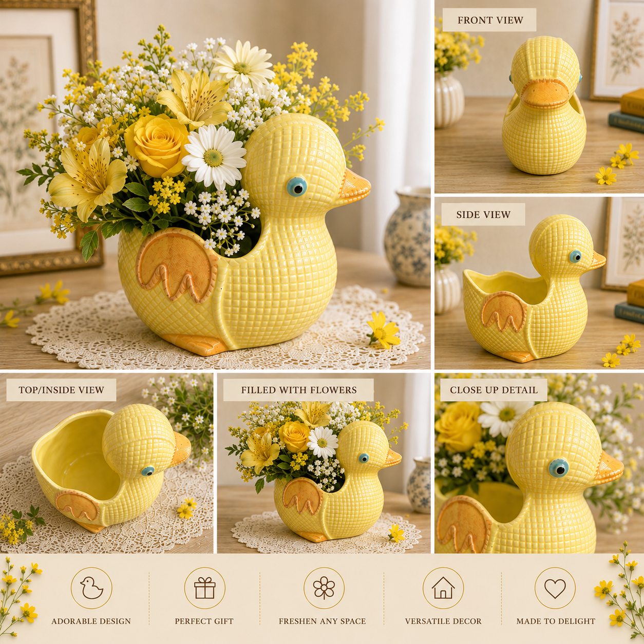 Vintage Small Yellow Duck Ceramic Plantar