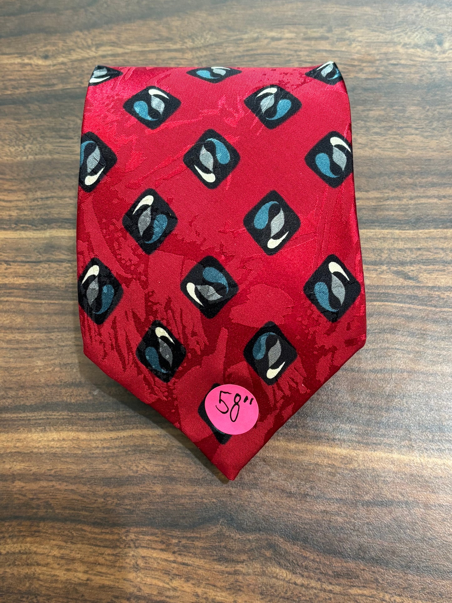 Lionetti Red Tie w/ geometric Designs 58” 100% Silk
