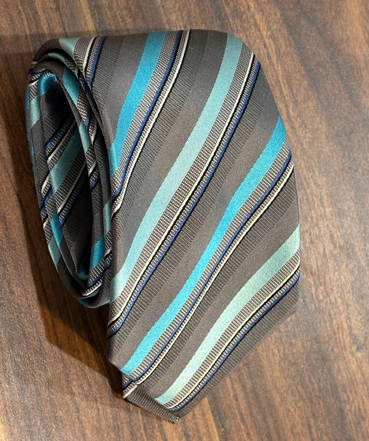 Geoffrey Beene Gray & Turquoise Blue Striped Tie 58” 100% Silk
