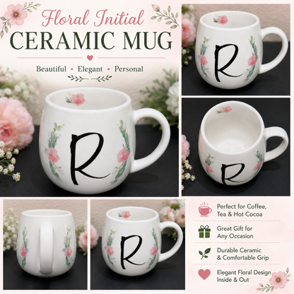 White floral pattern with letter “R” Mug