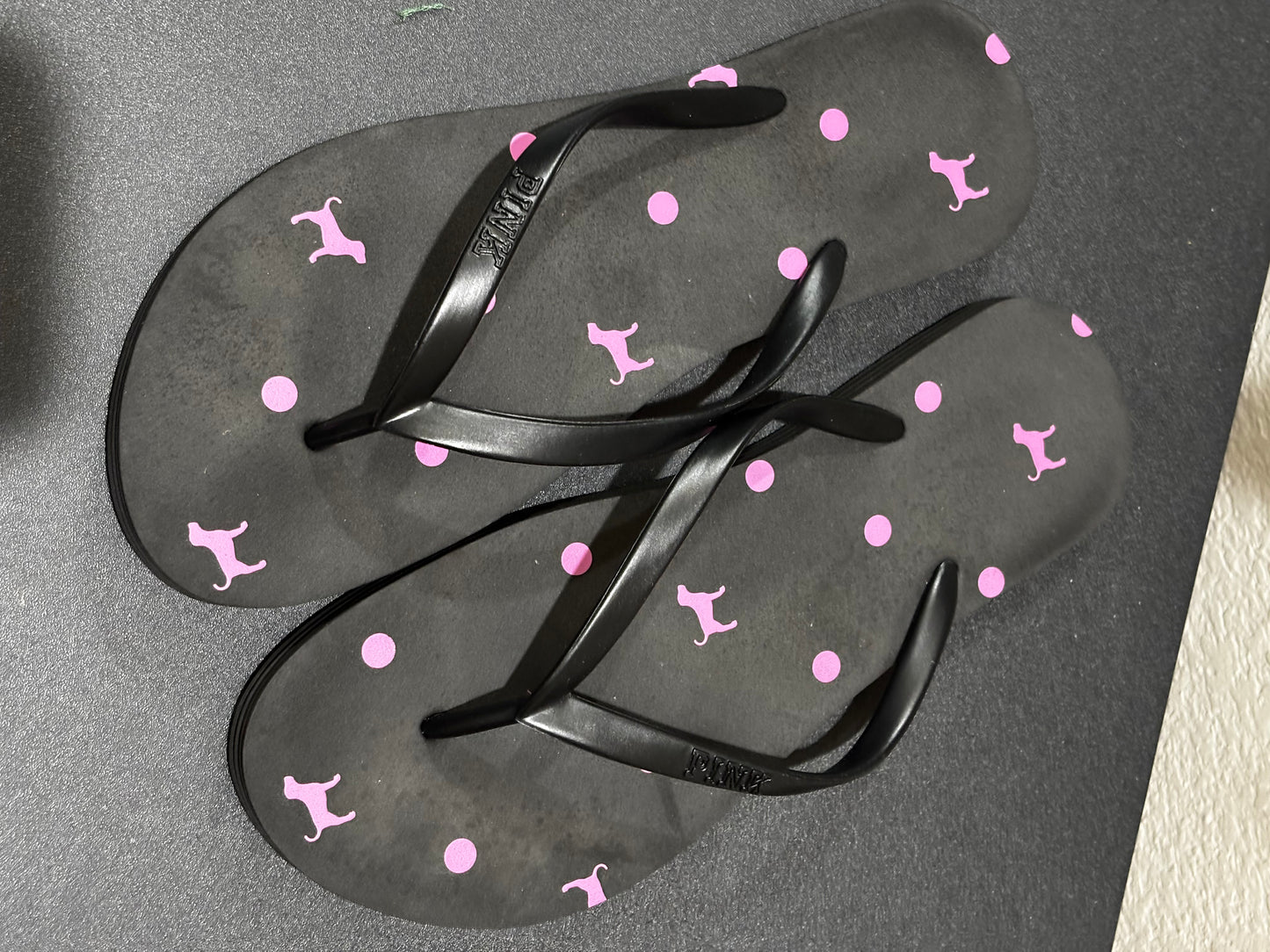 PINK Women’s Black Flip Flops with pink dog and polka dot design