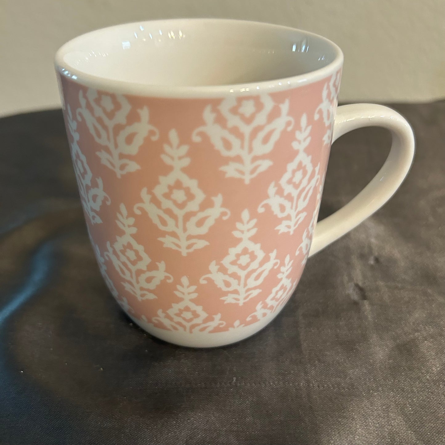 White & Pink Mug w/ Damask Design