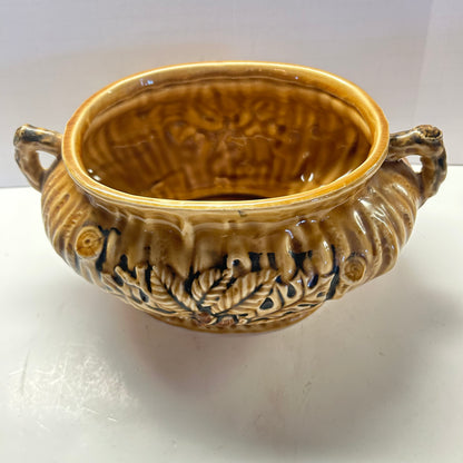 Vintage Ceramic Brown Glazed Pottery with Leaf design and Handles