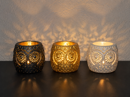 Owl Tealignt Holders.  Set of 3 black gold silver