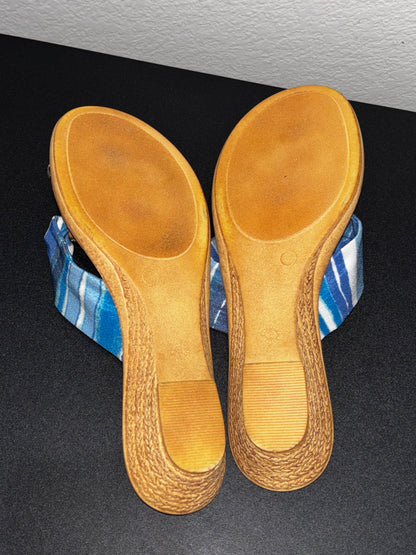 Italian shoemaker, blue white with rhinestone leather thong heel sandals women’s size 8.5