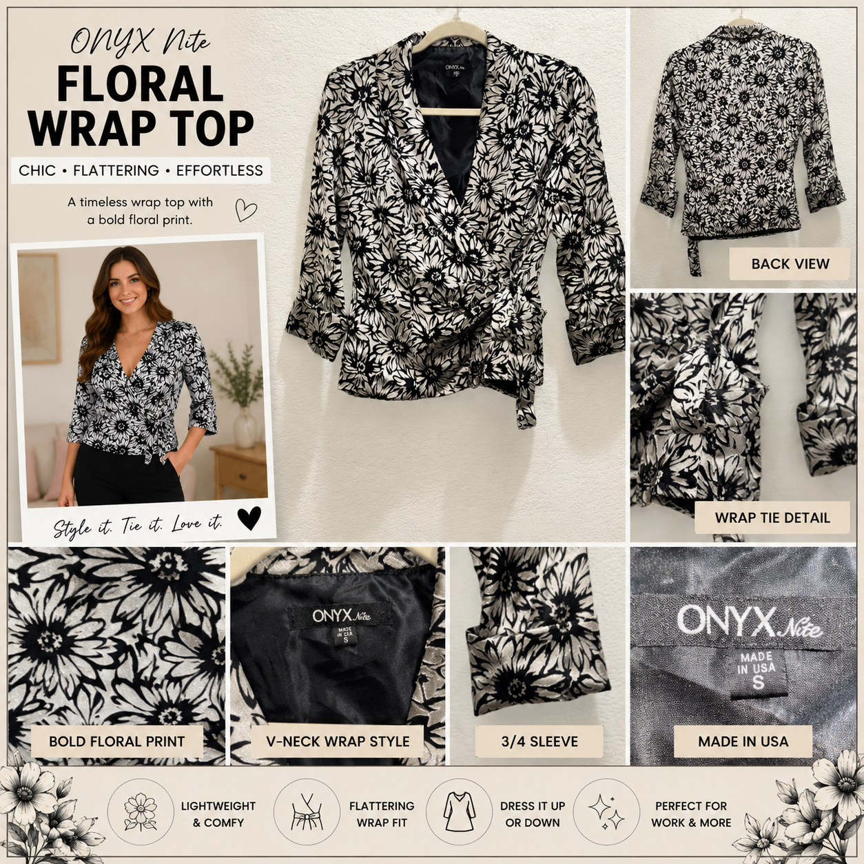 Onyx Floral Design Black and Silver Blouse Small