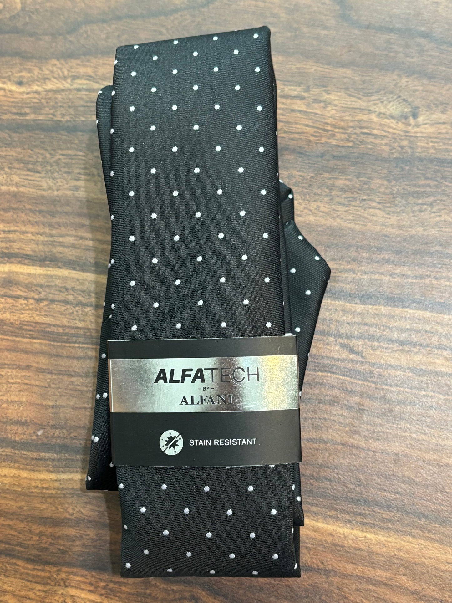 ALFANI ALFATECH Stain Resistant Black polkadot Tie w/ White Dots 100% Polyester