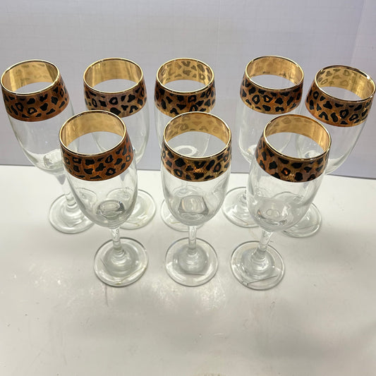 Vintage Circleware Black and Gold Leopard Print Rim Champagne Glasses (set of 8)