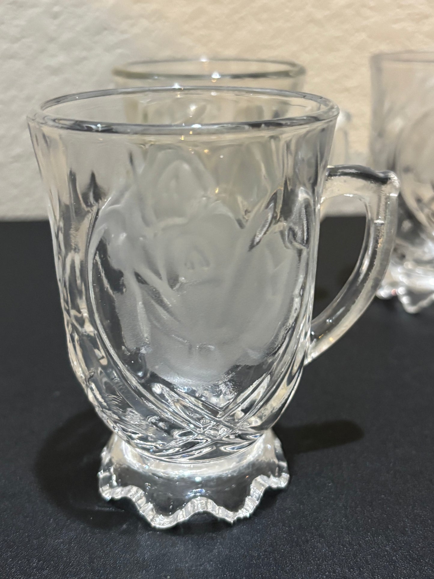 Vintage glass mugs with rose etched design set of 4￼