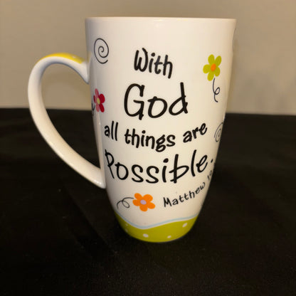 White multicolor, ceramic coffee mug “ faith with God, all things are possible”￼