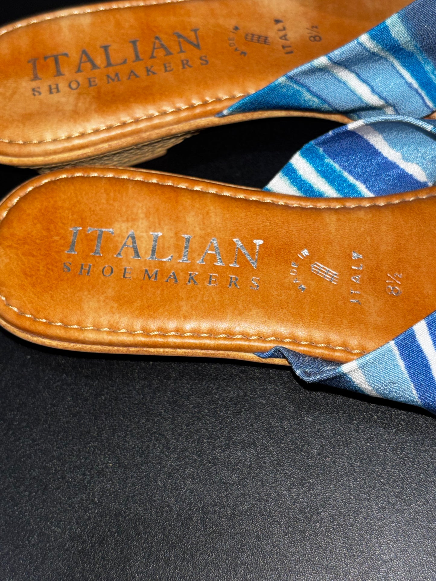 Italian shoemaker, blue white with rhinestone leather thong heel sandals women’s size 8.5