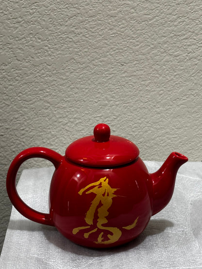 Oriental Red Ceramic Tea Pot with Gold Design