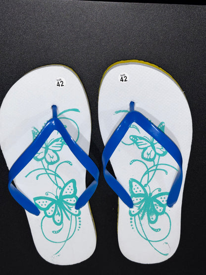 White Blue Flip Flops with Butterfly design size 42. (10/10.5)