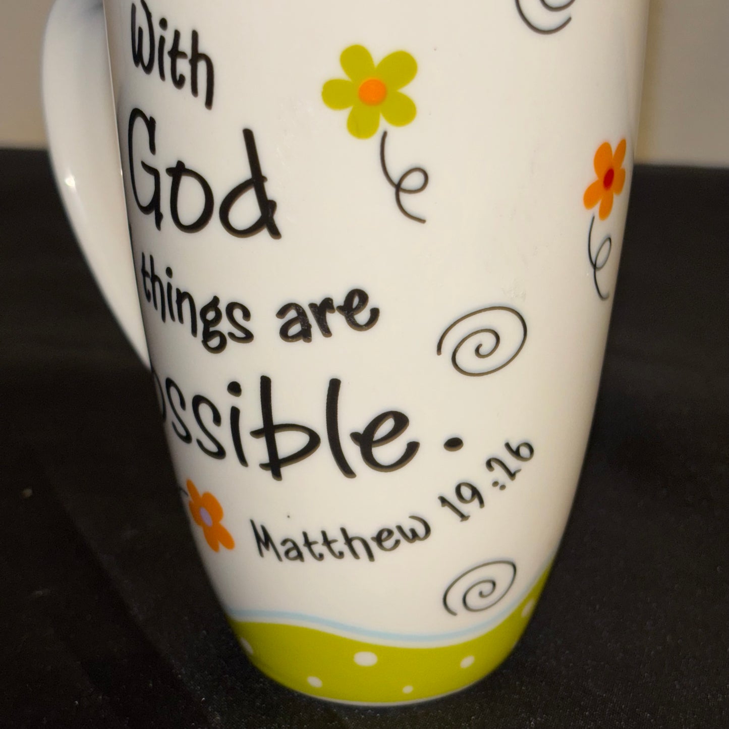 White multicolor, ceramic coffee mug “ faith with God, all things are possible”￼