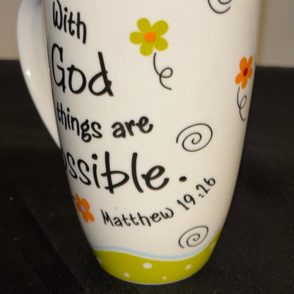 White multicolor, ceramic coffee mug “ faith with God, all things are possible”￼