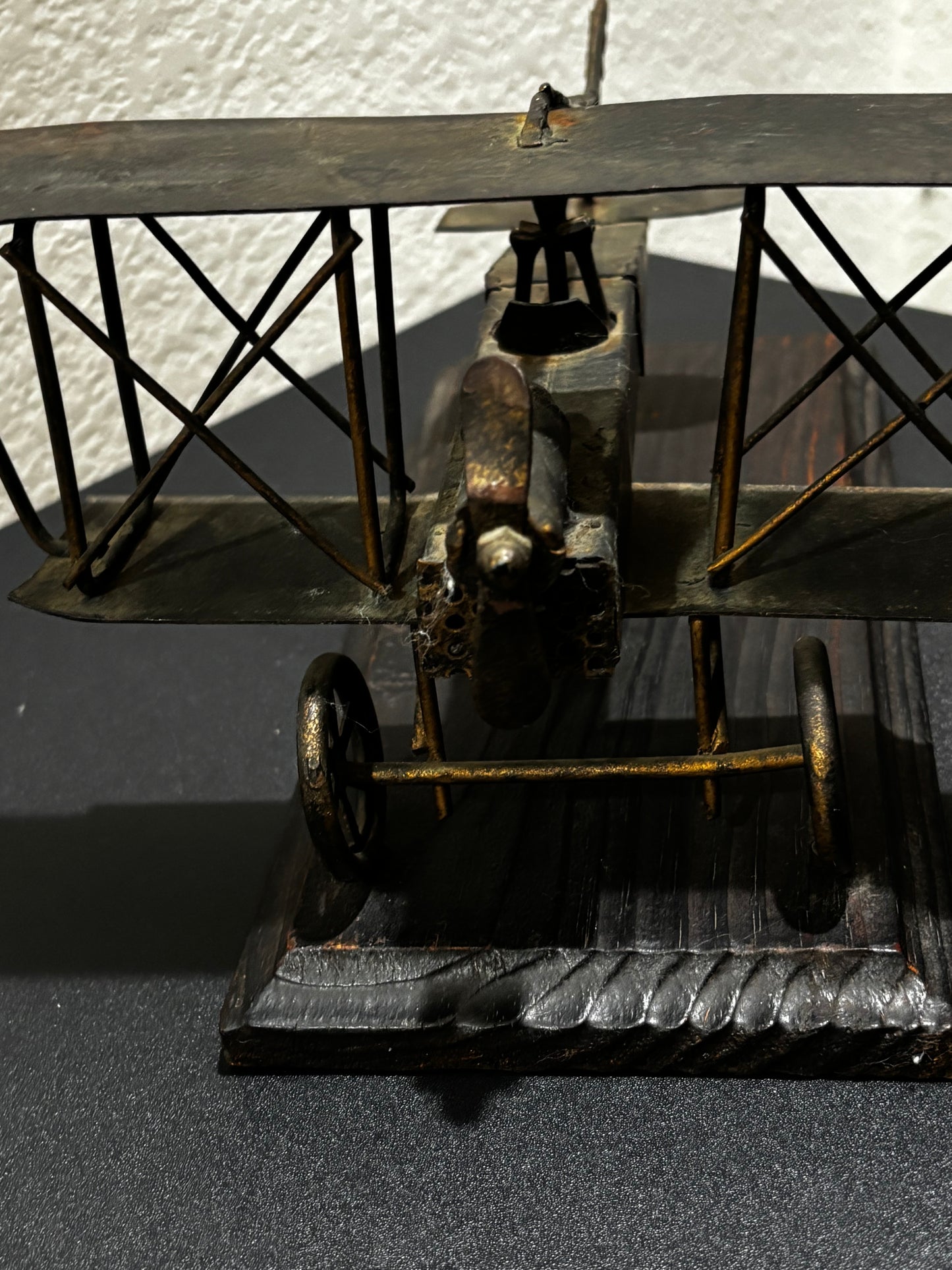Metal Retro Propeller Plane Replica on Wood Base