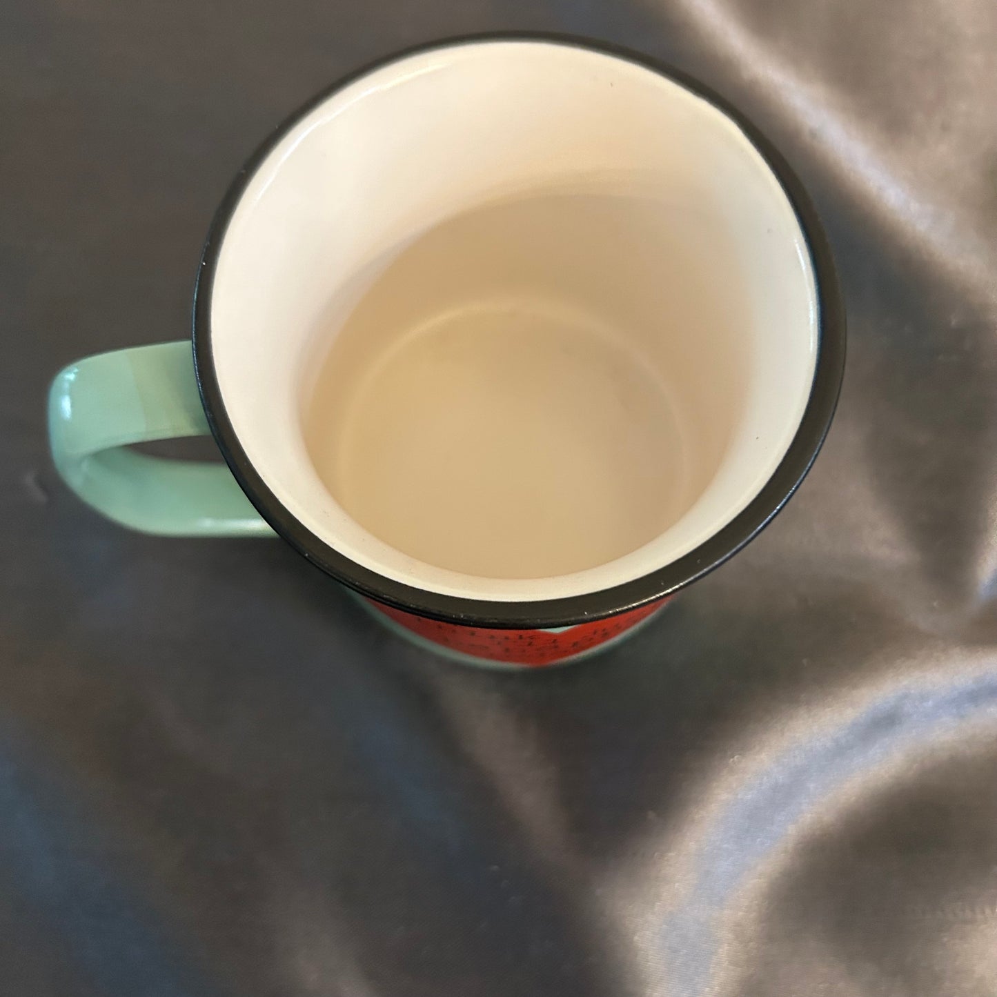 Mug Teal and Red with Heart design “I Think I’ll Just Be Happy”