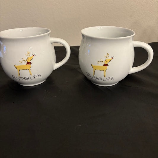 Pottery Barn large White ceramic mugs, set of two “Rudolph” Raindeer