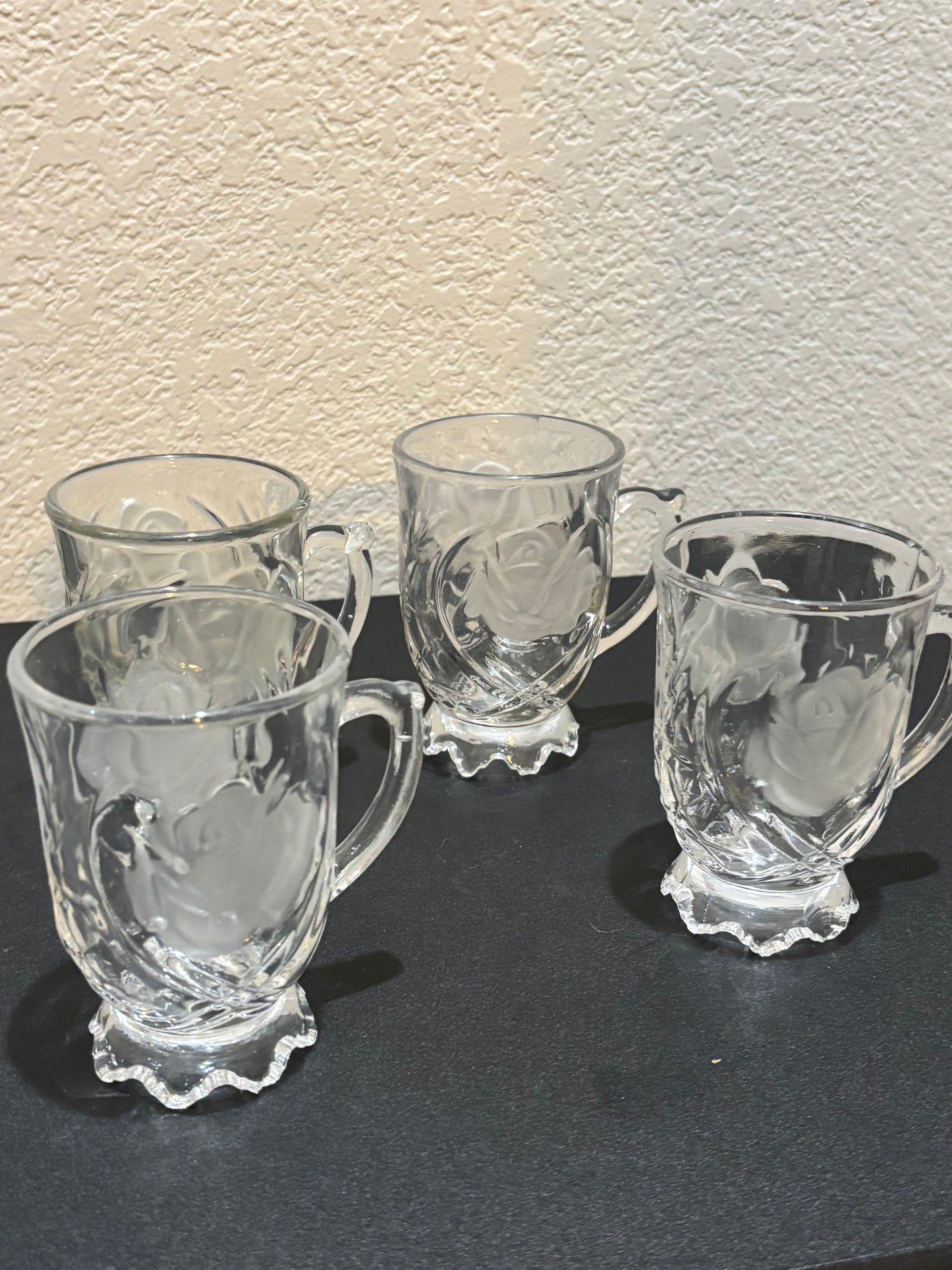 Vintage glass mugs with rose etched design set of 4￼