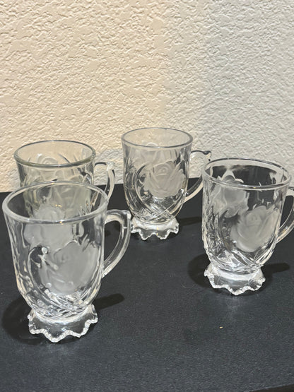 Vintage glass mugs with rose etched design set of 4￼