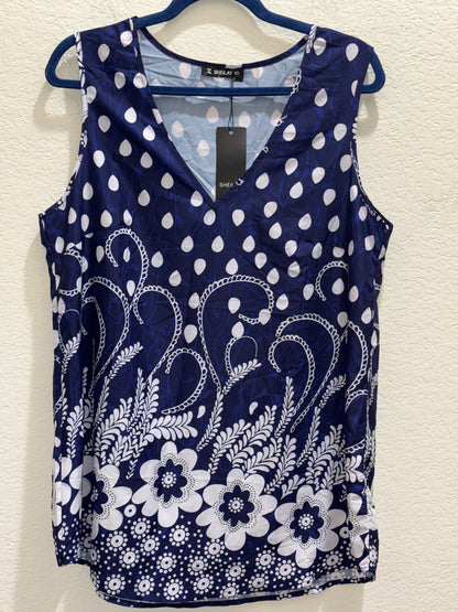 Blue and White Floral Design Sleeveless Tunic Women’s size XL