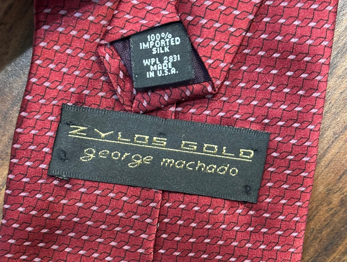 Zylos Gold George Machado Red w/ Small White Polka Dots Tie 100% Silk 56.5”
