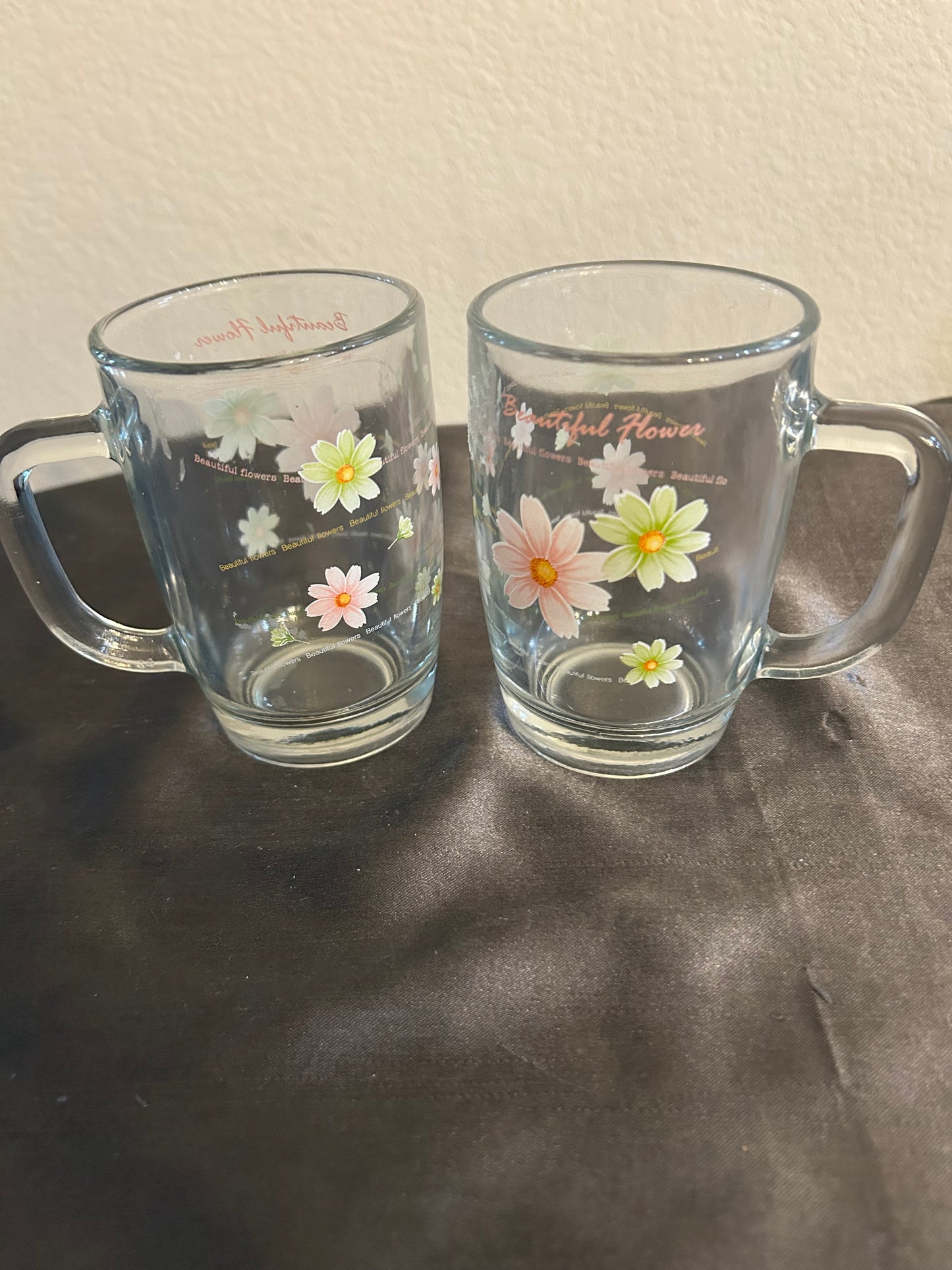 Mugs Clear Glass with Beautiful Floral Design set of 2 8oz