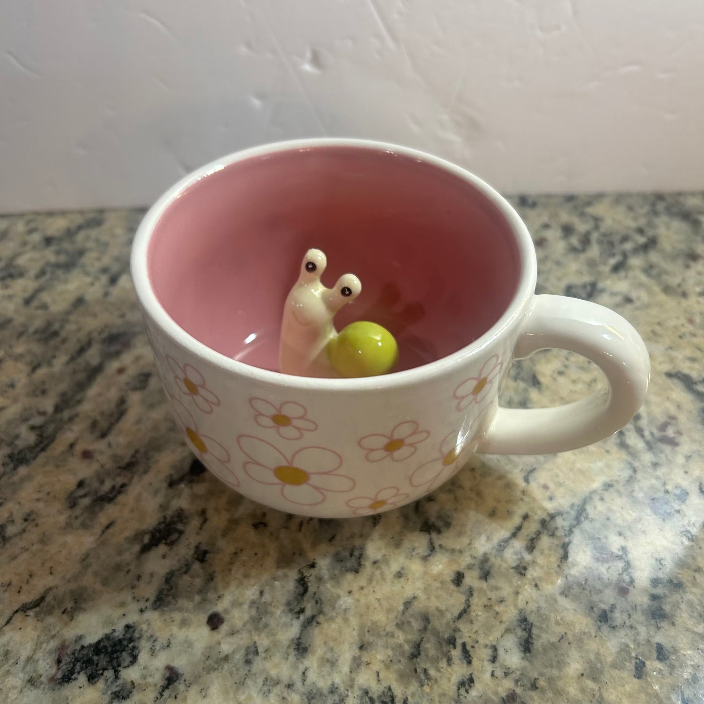 Pink and White Mug with Exterior Flowers & Cute Snail in Center