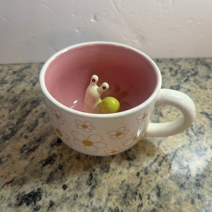 Pink and White Mug with Exterior Flowers & Cute Snail in Center