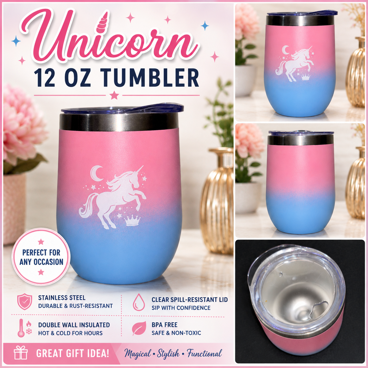 Pink and Blue Unicorn 12 oz Tumbler cup.