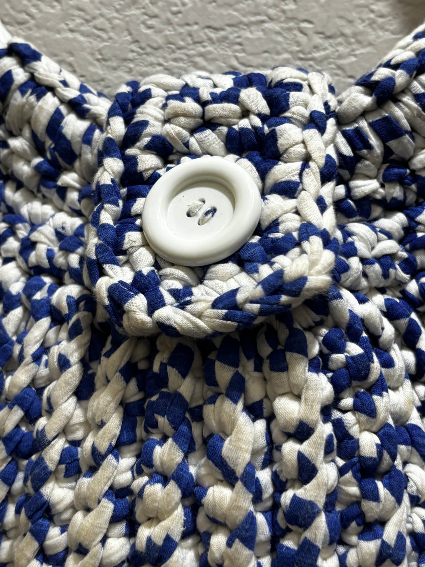 Handmade, crochet, blue and white handbag with matching wallet