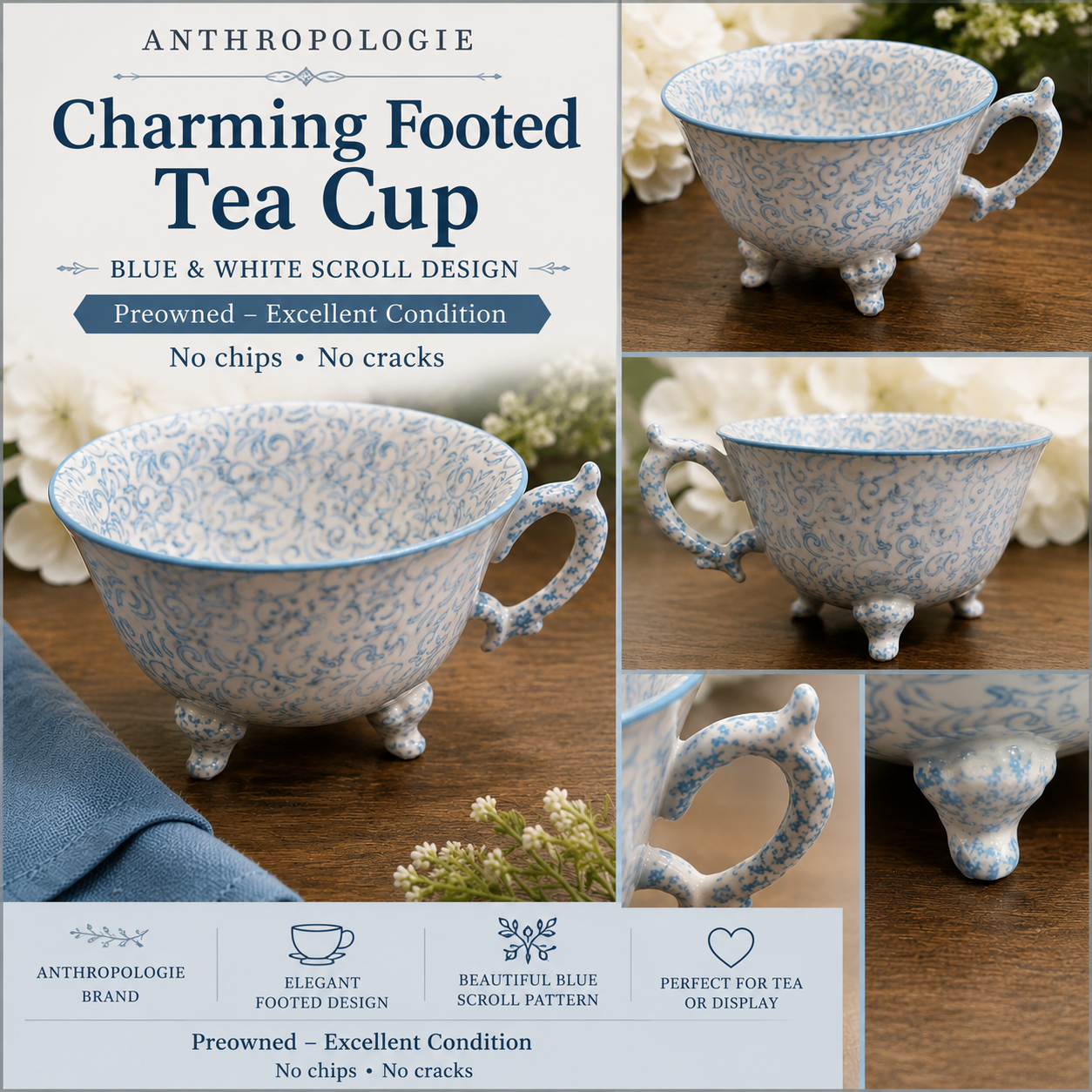 Anthropology Blue and White Footed Tea/Coffee Cup