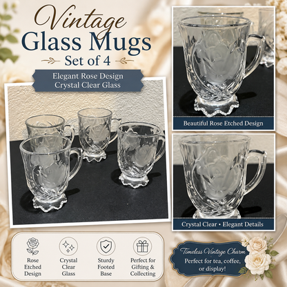 Vintage glass mugs with rose etched design set of 4￼