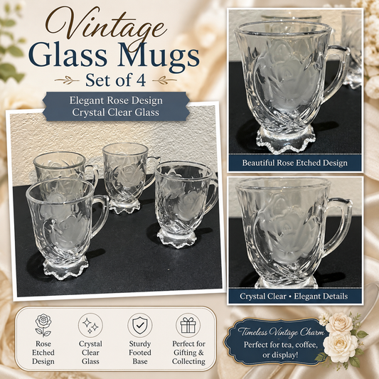 Vintage glass mugs with rose etched design set of 4￼