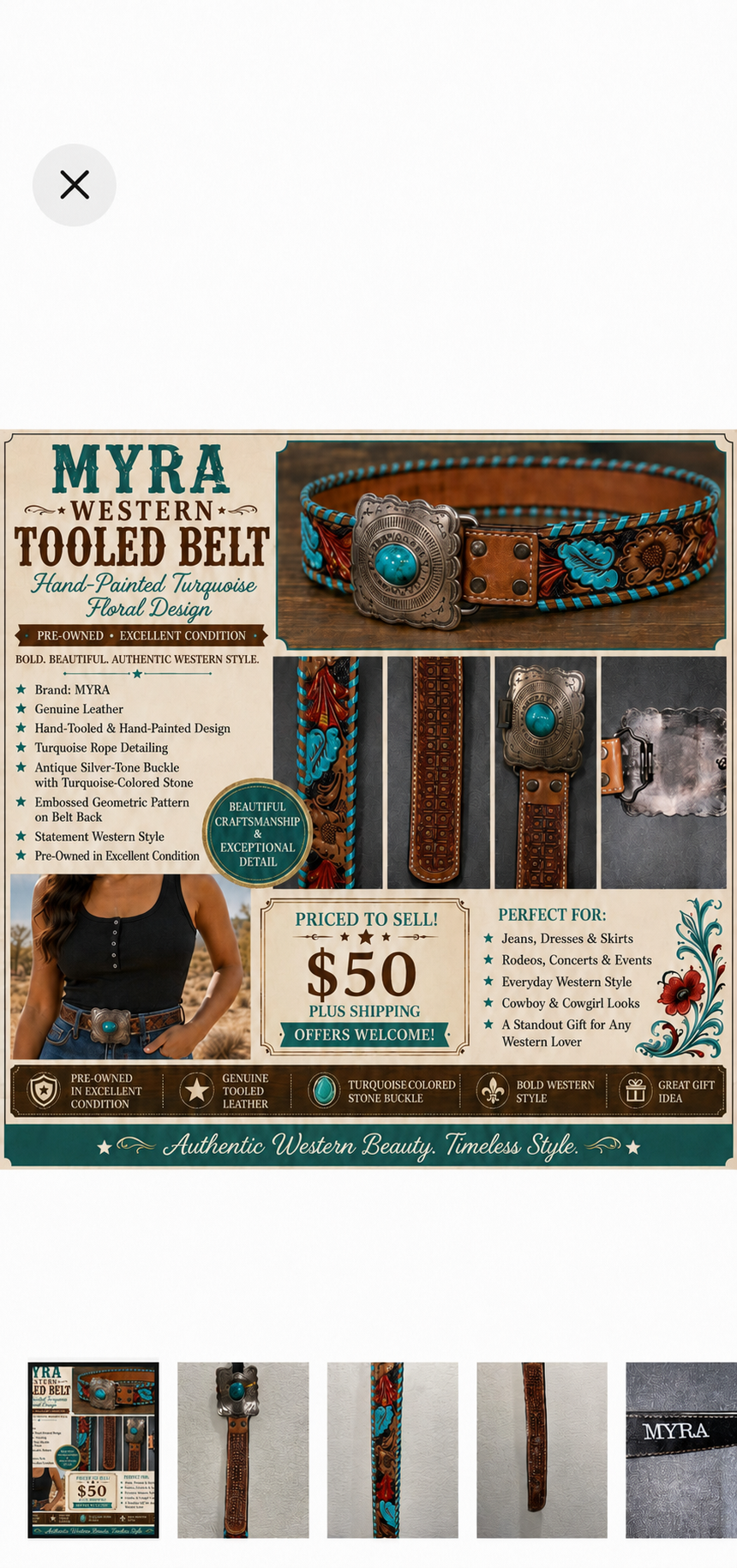 Western Turquoise Brown Tooled Belt by Myra