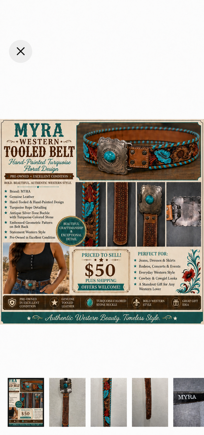 Western Turquoise Brown Tooled Belt by Myra